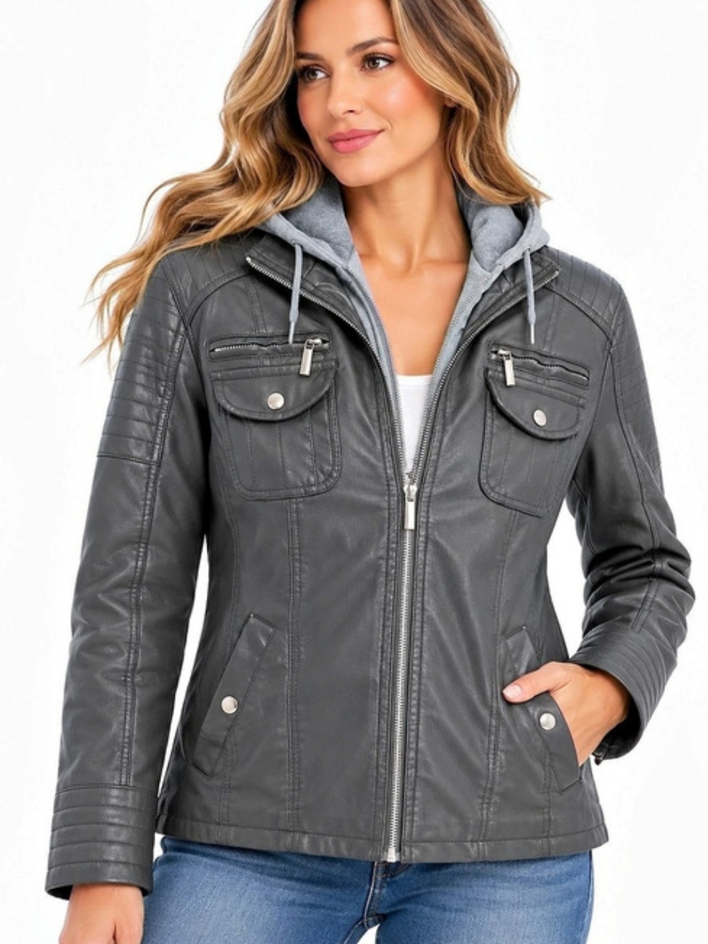 Royalty For Me Gray Faux Leather Hooded Biker Jacket Size Large